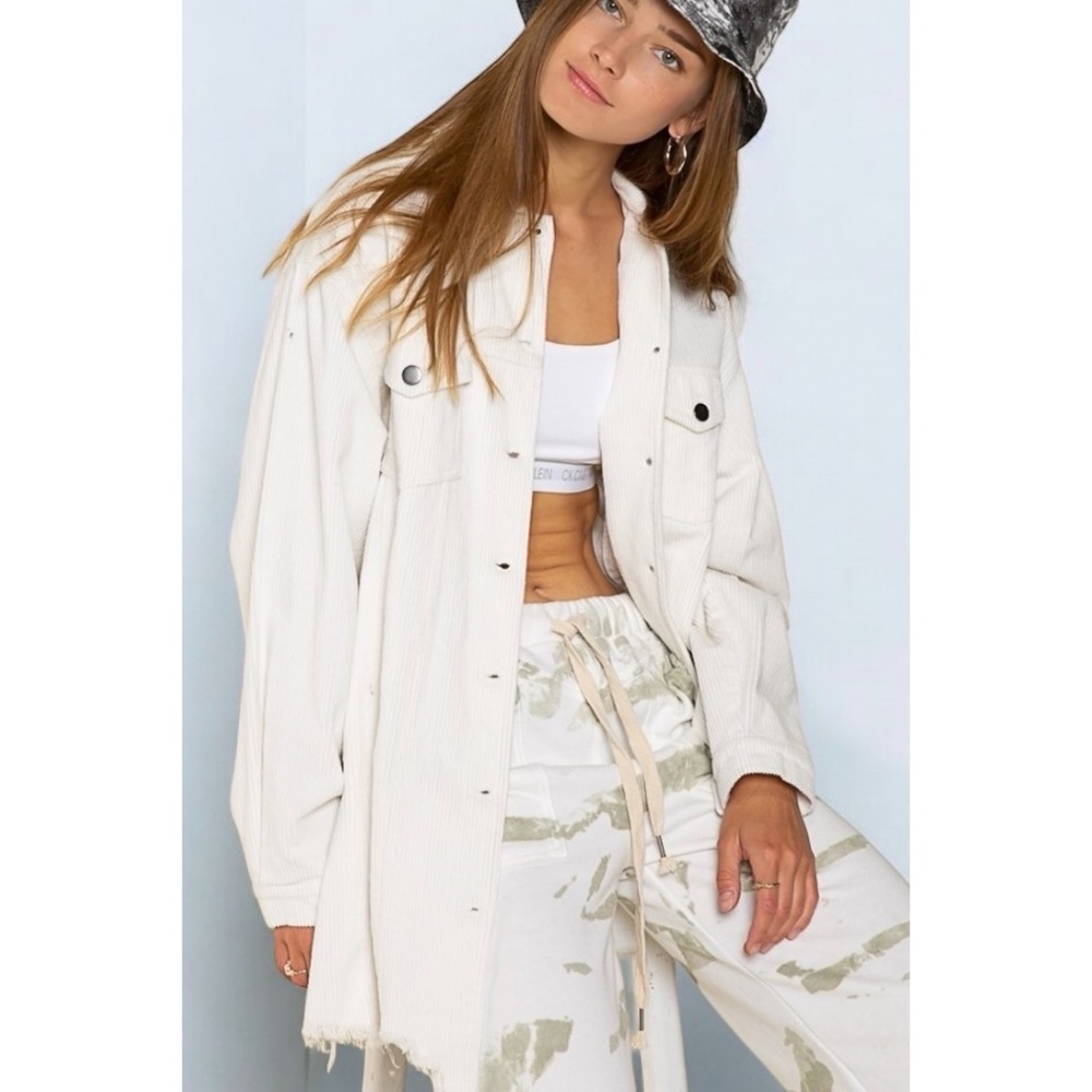 POL White Corduroy Distressed Hem Long Boyfriend Jacket - Picture 4 of 6